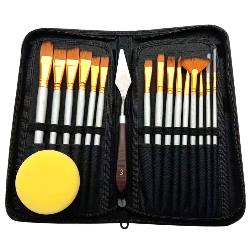 17 Piece Artist Long Handle Synthetic Paint Brush Set Multi Functional Painting Brushes Kit, Watercolor Gouache Oil Acrylic Brush Set, with Paint Scraper Sponge Art Supplies - Image 1