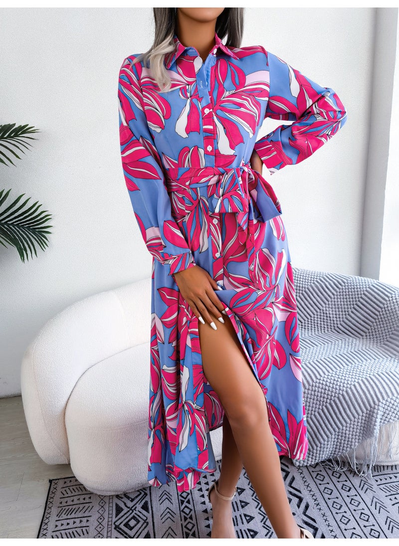 Generic - Spring Summer Floral Collar Tie Shirt Dress Blue - Image 1