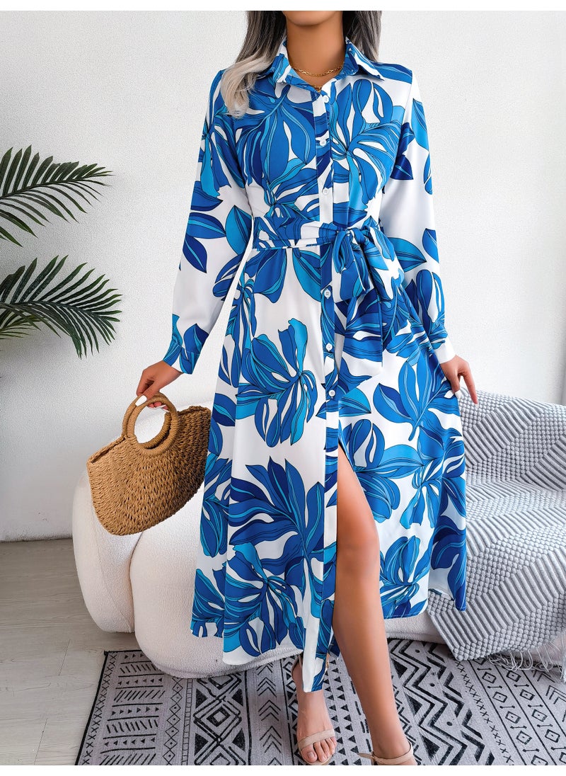 Generic - Spring Summer Floral Collar Tie Shirt Dress Blue - Image 1
