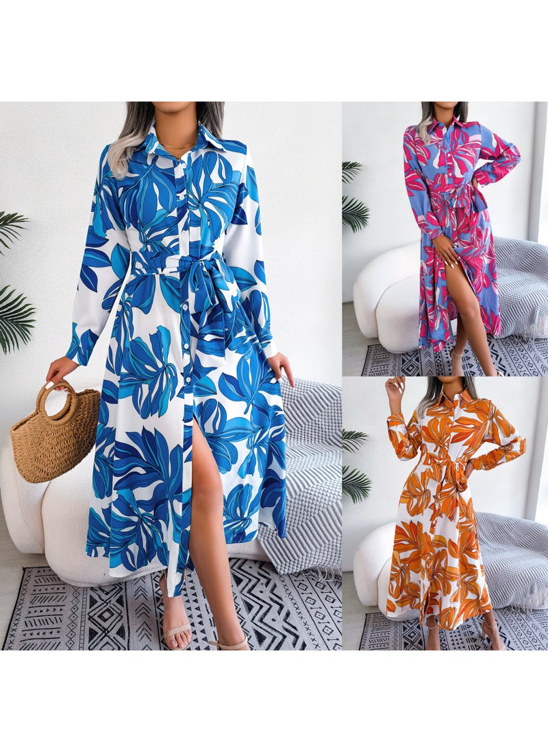 Generic - Spring Summer Floral Collar Tie Shirt Dress Blue - Image 1