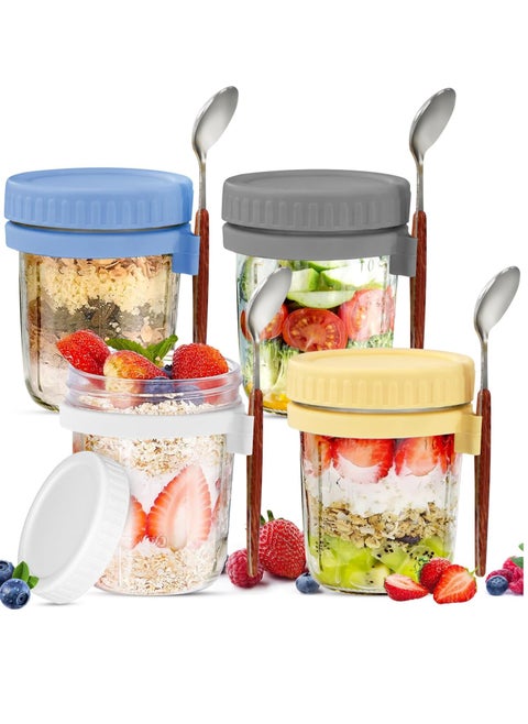 4 Pack Overnight Oats Jars, Overnight Oats Container with Lid and Spoon, 350ML Overnight Glasses, Cereal, Milk, Vegetable and Fruit Salad Storage Container with Measurement Marks