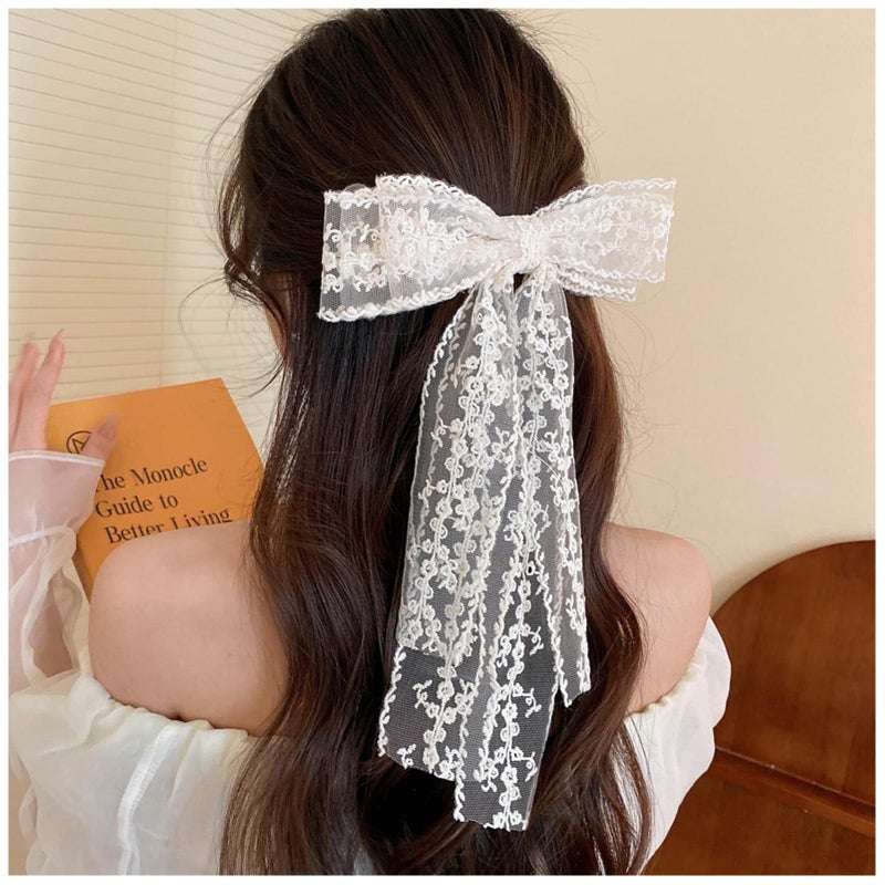LEBEIGHT Large Lace Hair Bow Clips for Women Girls | Cute Beige Lace Bows for Hair Weighs Only 0.6 Oz | Off White Hair Decor for Wedding Pageant Prom Party Birthday Party Communion Bridal Shower (1 Pack) - Image 1