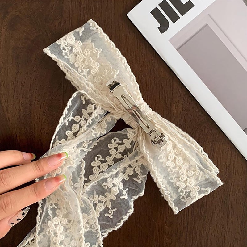 LEBEIGHT Large Lace Hair Bow Clips for Women Girls | Cute Beige Lace Bows for Hair Weighs Only 0.6 Oz | Off White Hair Decor for Wedding Pageant Prom Party Birthday Party Communion Bridal Shower (1 Pack) - Image 4