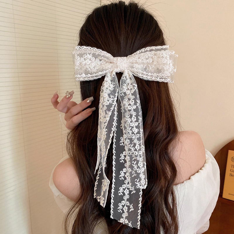 LEBEIGHT Large Lace Hair Bow Clips for Women Girls | Cute Beige Lace Bows for Hair Weighs Only 0.6 Oz | Off White Hair Decor for Wedding Pageant Prom Party Birthday Party Communion Bridal Shower (1 Pack) - Image 5