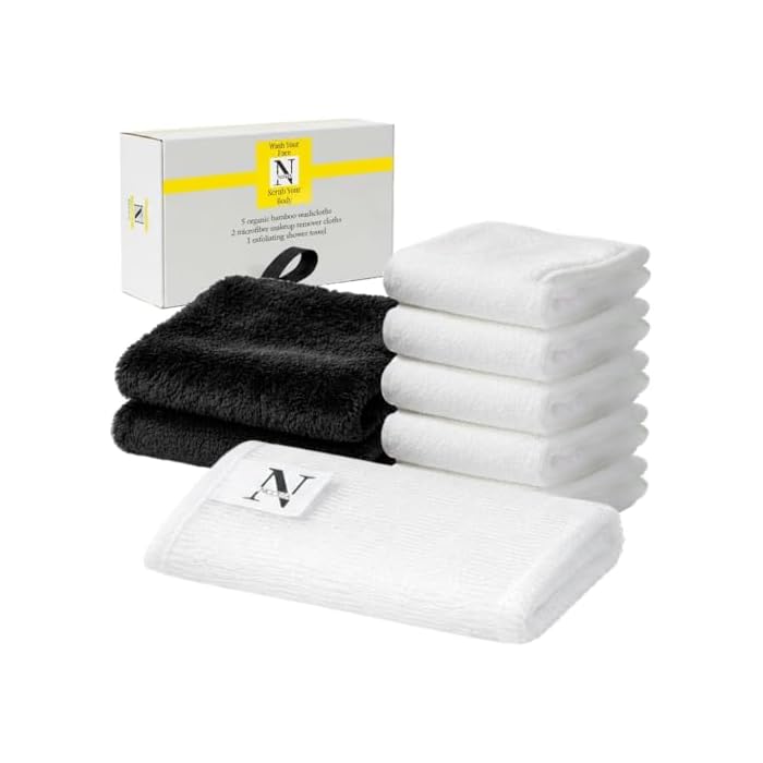 NICOLEA 100% Organic Bamboo Facial Cloths & Skincare Set - 8 Piece Luxury System: 5 Bamboo Viscose Facial Towels, 2 Microfiber Makeup Remover Cloths & 36” Exfoliating Shower Towel – Premium Skincare