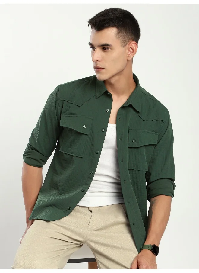 بيونغ Olive Green Textured Western Shirt