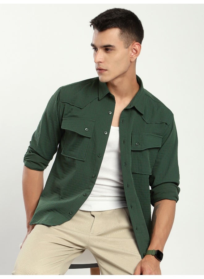 Beyoung Olive Green Textured Western Shirt  - Image 1