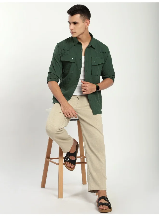 Beyoung Olive Green Textured Western Shirt