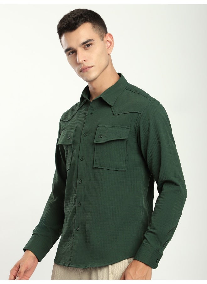 Beyoung Olive Green Textured Western Shirt  - Image 3