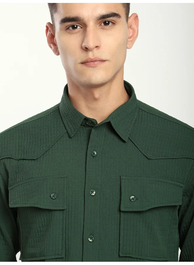 Beyoung Olive Green Textured Western Shirt