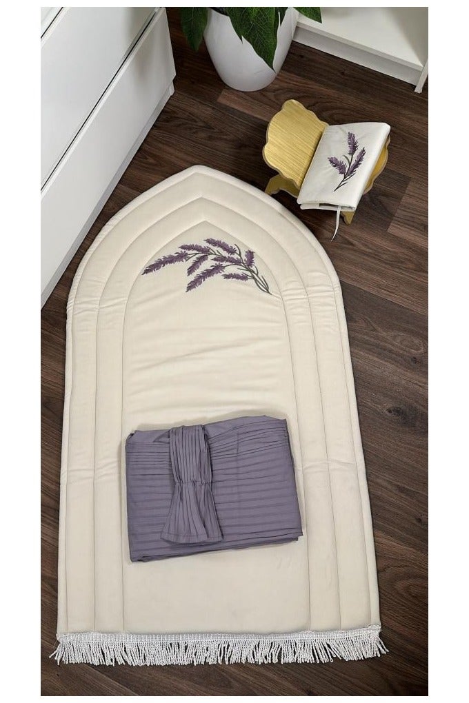Ramadan Gifting Package Mihrab Prayer Rug Set with 2cm Thick Foam Lining and Prayer Dress with Side Tie and Pleated Trims - Grey - Image 1