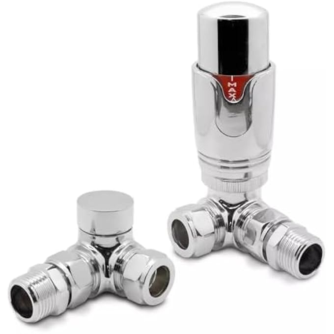 CORNER ANGLED THERMOSTATIC RADIATOR VALVES & LOCKSHIELD VALVE 15MM CHROME TRV PACK - Image 2