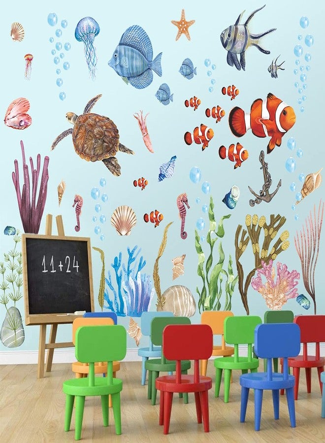 LiveGallery 3D Ocean Wall Stickers Under The Sea Wall Decals Sea Life Turtles Clown Fish Corals Seaweed Jellyfish Starfish Shells Removable Wall Sticker for Kids Baby Girls Bedroom Living Room Bathroom Office - Image 1