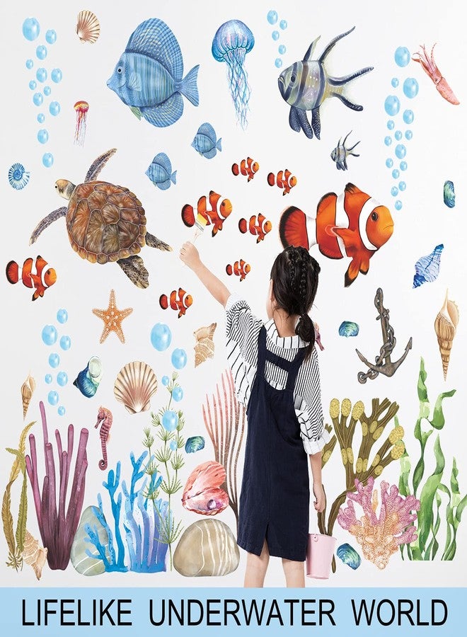 LiveGallery 3D Ocean Wall Stickers Under The Sea Wall Decals Sea Life Turtles Clown Fish Corals Seaweed Jellyfish Starfish Shells Removable Wall Sticker for Kids Baby Girls Bedroom Living Room Bathroom Office - Image 2