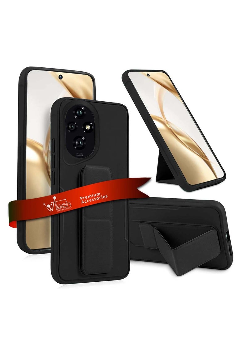 Wtech Honor 200 5G 2024 Hand Grip Foldable Magnetic Kickstand Wrist Strap Finger Grip With Built-In Iron Modern Camera Lips Case Cover - Black - Image 1