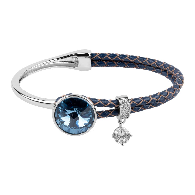 Moonstone سوار كuff جلد نصف مضفر مع كريستالات سواروفسكي مركزية دائري من الفضة الإسترلينية للنساء والسيدات - Image 1