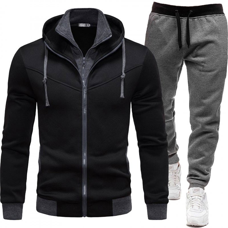 2024 new autumn and winter sports stitching coat casual long sleeve trousers hooded mens sports suit two-piece suit Black + dark gray pants - Image 1