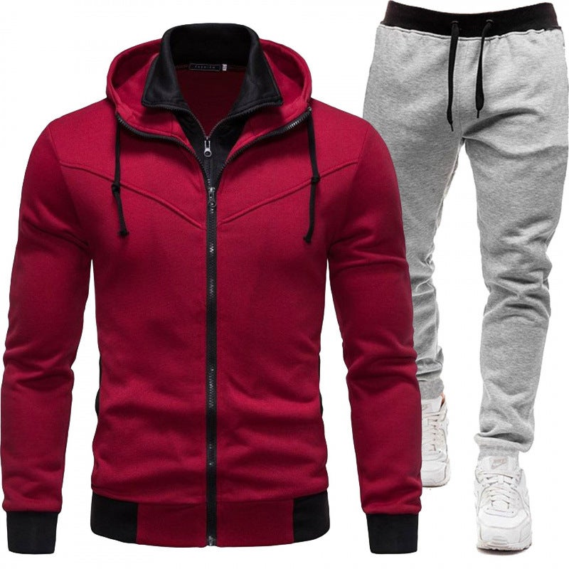 2024 new autumn and winter sports stitching coat casual long sleeve trousers hooded mens sports suit two-piece suit Black + dark gray pants - Image 4