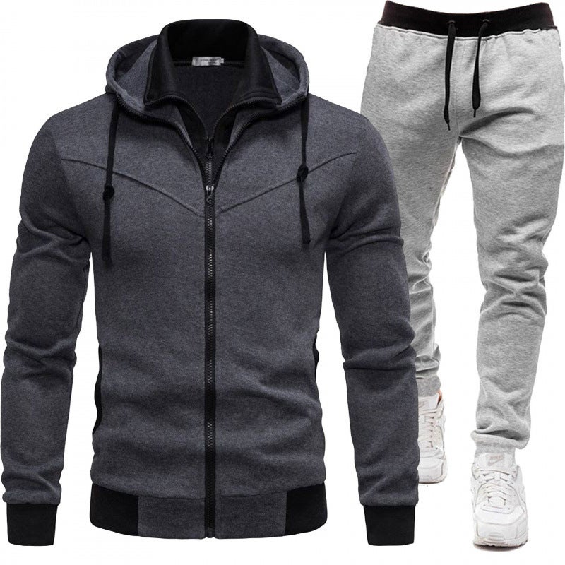 2024 new autumn and winter sports stitching coat casual long sleeve trousers hooded mens sports suit two-piece suit Black + dark gray pants - Image 3