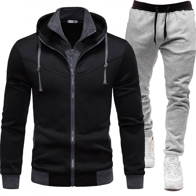 2024 new autumn and winter sports stitching coat casual long sleeve trousers hooded mens sports suit two-piece suit Black + dark gray pants - Image 5