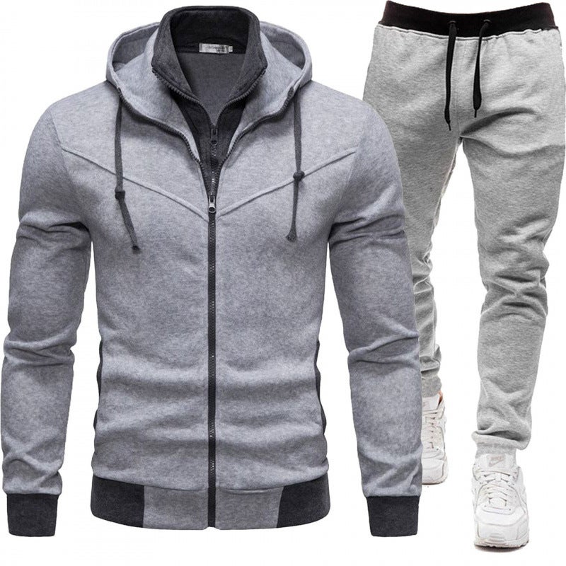 2024 new autumn and winter sports stitching coat casual long sleeve trousers hooded mens sports suit two-piece suit Black + dark gray pants - Image 2