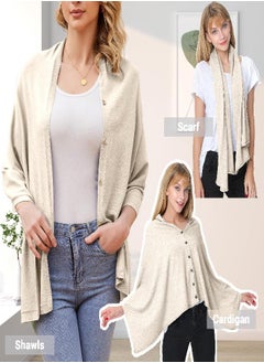Puli Womens Lightweight Kintted Poncho Sweater with Shell Button, Versatile Scarf Shawl Cape for Spring Summer Autumn, Barley Twist  - Image 4