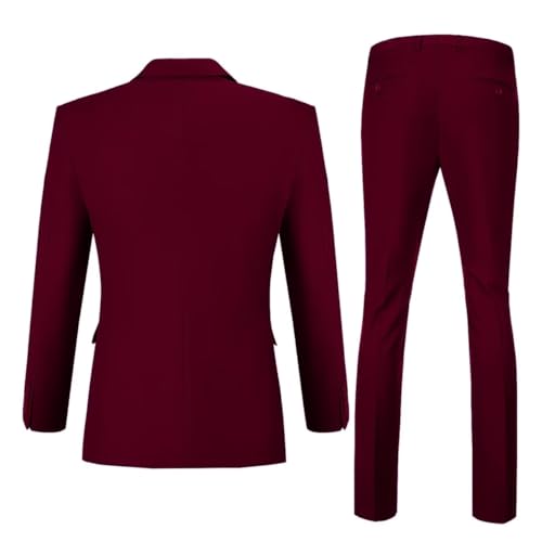 Lynerun Mens Suit 2 Piece Slim Fit Suit Formal Wedding Solid Color Prom Tuxedo Suits Jacket Pants Two Button Dress Suit Jacket Blazer Pants Set Dark Burgundy M - Image 2