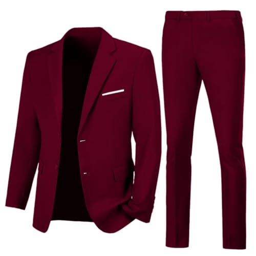 Lynerun Mens Suit 2 Piece Slim Fit Suit Formal Wedding Solid Color Prom Tuxedo Suits Jacket Pants Two Button Dress Suit Jacket Blazer Pants Set Dark Burgundy M - Image 1