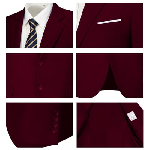 Lynerun Mens Suit 2 Piece Slim Fit Suit Formal Wedding Solid Color Prom Tuxedo Suits Jacket Pants Two Button Dress Suit Jacket Blazer Pants Set Dark Burgundy M - Image 5