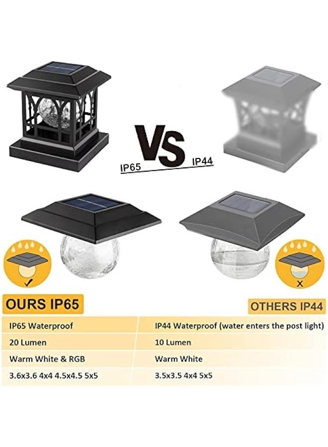Generic Solar Post Cap Lights Outdoor Fits 3.5x3.5 4x4 4.5x4.5 5x5 Wooden Fence Deck Patio Garden, RGB & Warm White 2 Lighting Mode, 20 LM 1000mAh Battery IP65 Waterproof, ABS Shell Glass Lens, Black (2 Pac - Image 4