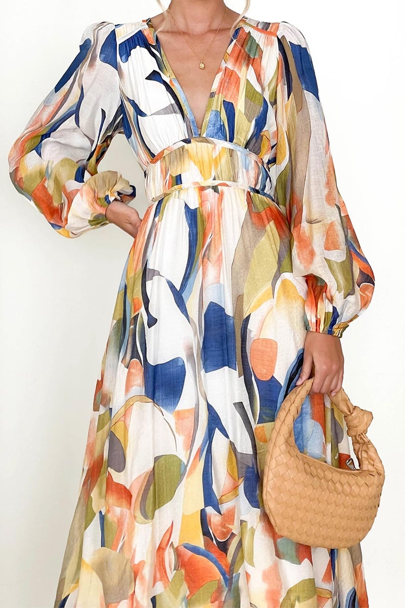 Maxigerui Women's Long Sleeve Floral Maxi Dress 2026 Spring Summer Wedding Guest Dress Blue Watercolor L - Image 2