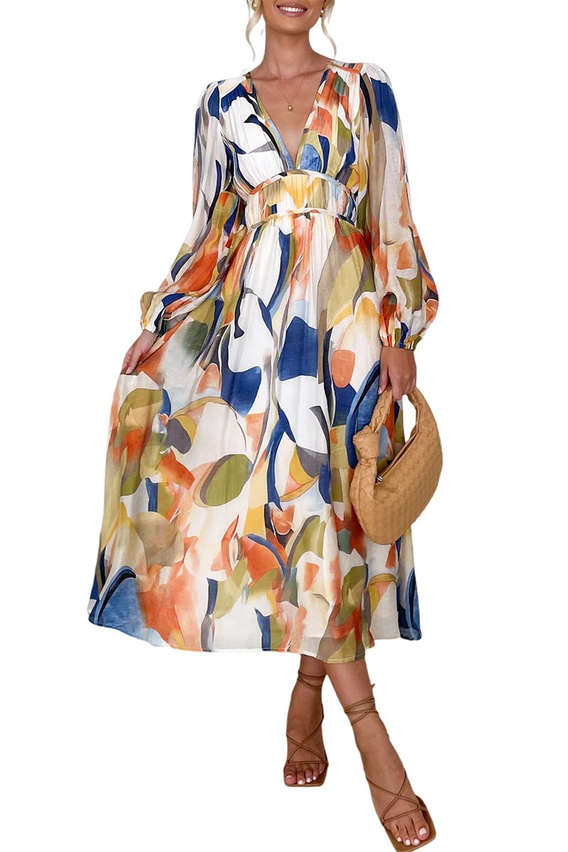Maxigerui Women's Long Sleeve Floral Maxi Dress 2026 Spring Summer Wedding Guest Dress Blue Watercolor L - Image 1