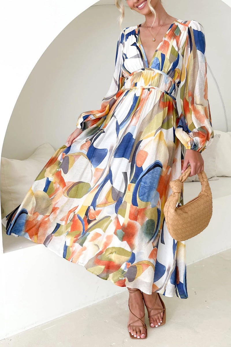 Maxigerui Women's Long Sleeve Floral Maxi Dress 2026 Spring Summer Wedding Guest Dress Blue Watercolor L - Image 3