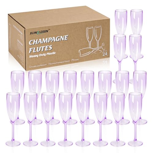 XUWAIDSGN 24 Pcs Reusable Champagne Flutes Plastic Wine Glasses Bulk Vintage Champagne Flutes Mimosa Bar Glasses Stemmed Drinking Cups 5.4OZ for Christmas Birthday Wedding Bride - Image 1
