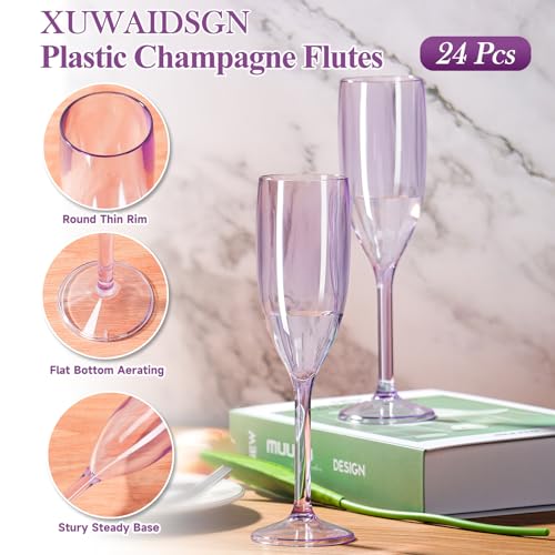 XUWAIDSGN 24 Pcs Reusable Champagne Flutes Plastic Wine Glasses Bulk Vintage Champagne Flutes Mimosa Bar Glasses Stemmed Drinking Cups 5.4OZ for Christmas Birthday Wedding Bride - Image 2