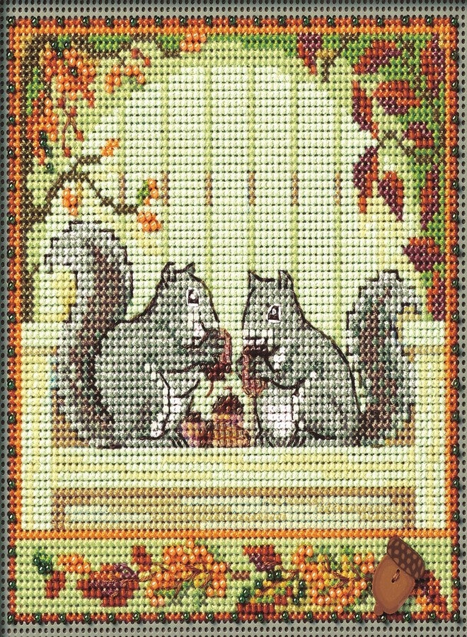 Mill Hill Nutty Squirrels Beaded Counted Cross Stitch Kit 2024 Buttons & Beads Autumn MH142422, Multicolor, 5.25 x 5.25 Inches - Image 1
