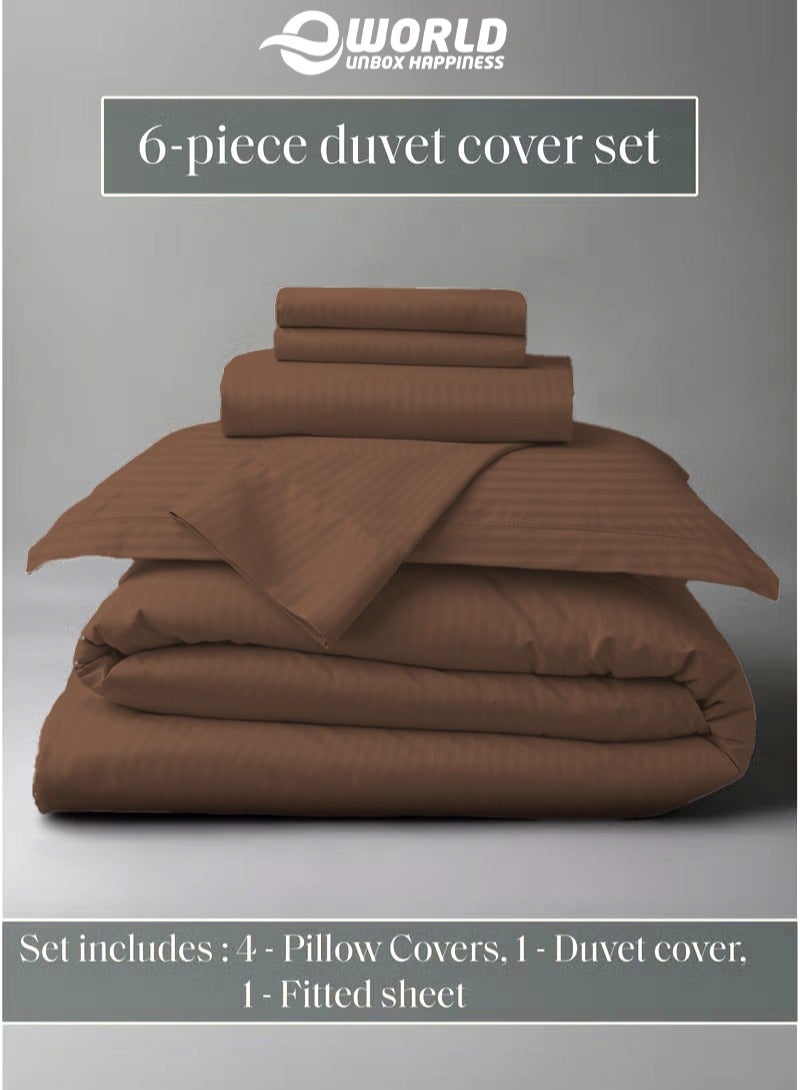 Eworld Premium Striped Duvet Set All Season – 6-Pieces Set Brown | King Size 220x240 cm | Ultra-Soft, Wrinkle-Resistant & Made in Dubai | Includes Duvet Cover, Fitted Sheet (200x200 cm) & 4 Pillowcases (50x70 cm) - Image 4