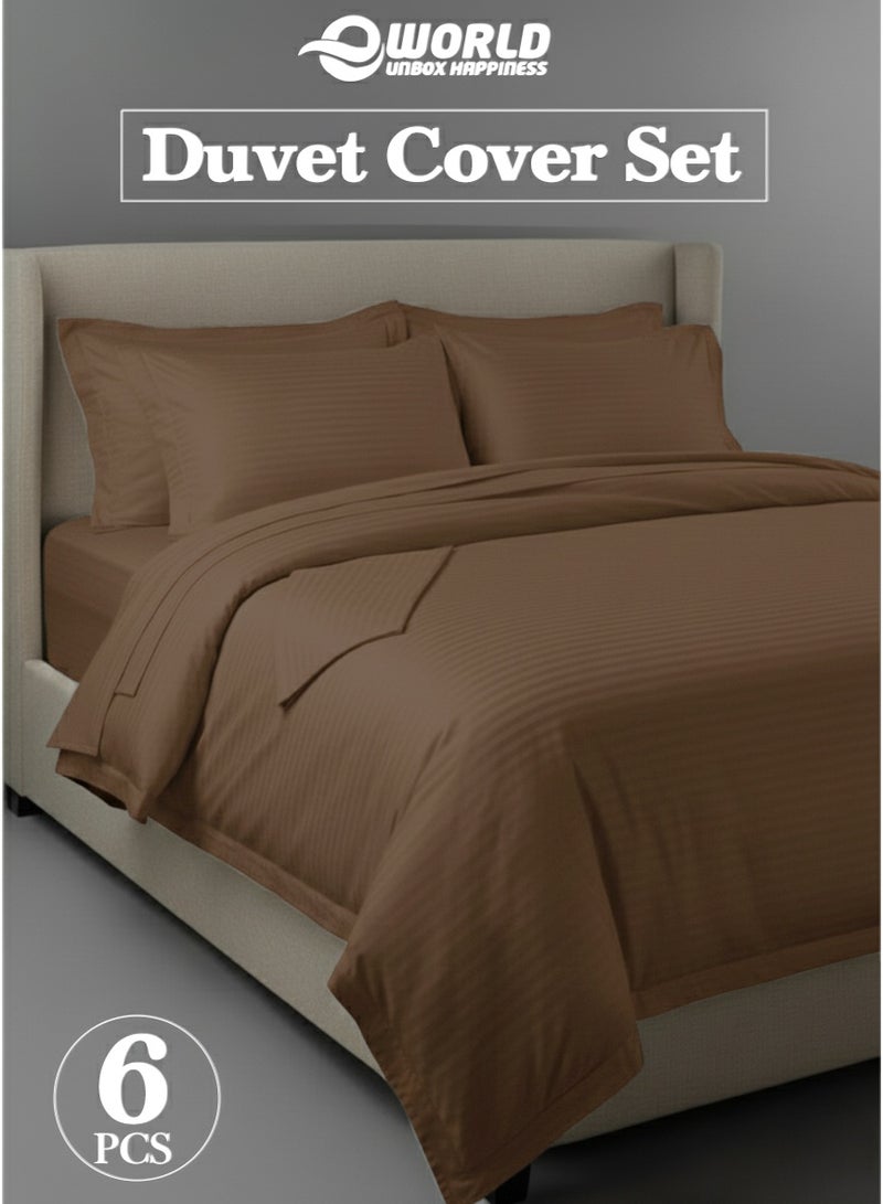 Eworld Premium Striped Duvet Set All Season – 6-Pieces Set Brown | King Size 220x240 cm | Ultra-Soft, Wrinkle-Resistant & Made in Dubai | Includes Duvet Cover, Fitted Sheet (200x200 cm) & 4 Pillowcases (50x70 cm) - Image 1