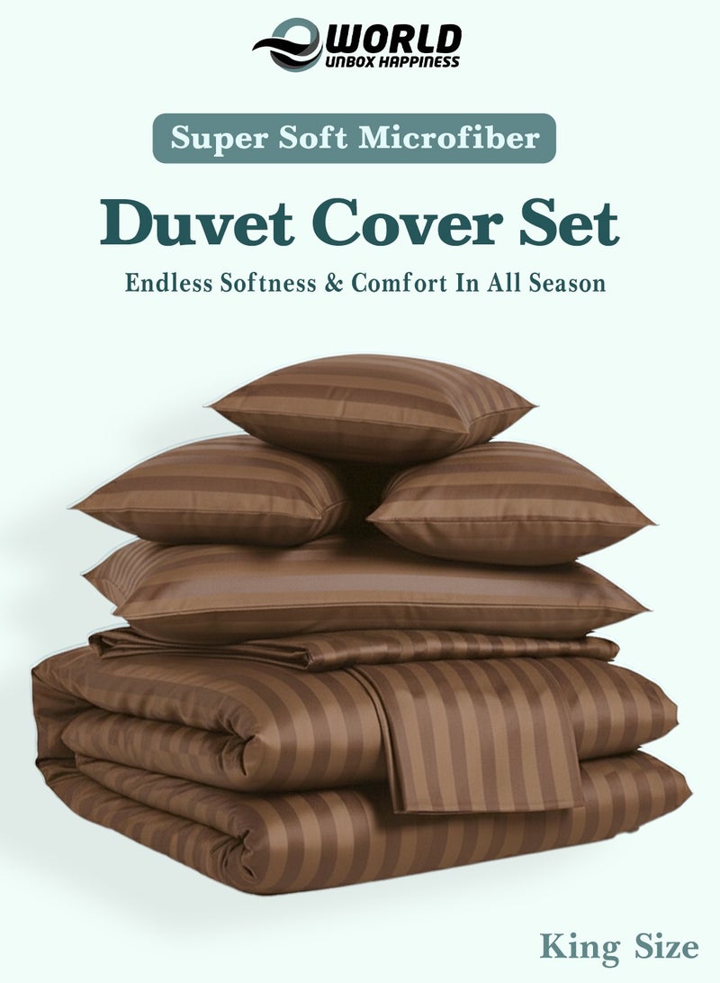 Eworld Premium Striped Duvet Set All Season – 6-Pieces Set Brown | King Size 220x240 cm | Ultra-Soft, Wrinkle-Resistant & Made in Dubai | Includes Duvet Cover, Fitted Sheet (200x200 cm) & 4 Pillowcases (50x70 cm) - Image 3