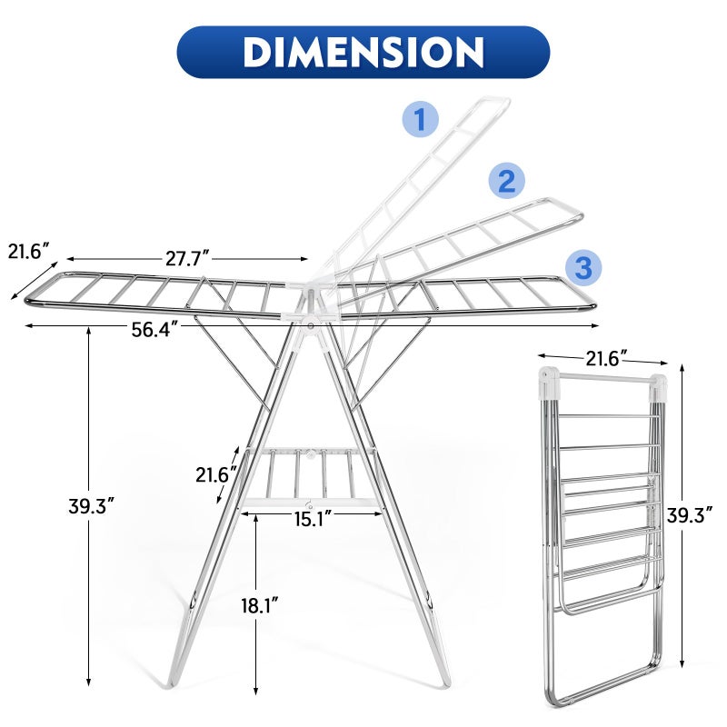 APEXCHASER Clothes Drying Rack, Stainless Steel Drying Rack Clothing with Height-Adjustable, Foldable Gullwings Laundry Drying Rack, Indoor Outdoor Use, No Assembly, White - Image 3