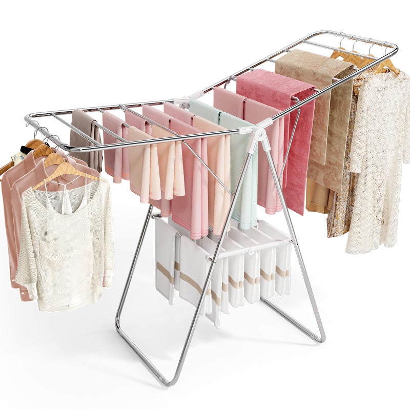 APEXCHASER Clothes Drying Rack, Stainless Steel Drying Rack Clothing with Height-Adjustable, Foldable Gullwings Laundry Drying Rack, Indoor Outdoor Use, No Assembly, White - Image 1