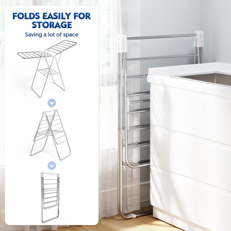 APEXCHASER Clothes Drying Rack, Stainless Steel Drying Rack Clothing with Height-Adjustable, Foldable Gullwings Laundry Drying Rack, Indoor Outdoor Use, No Assembly, White - Image 2