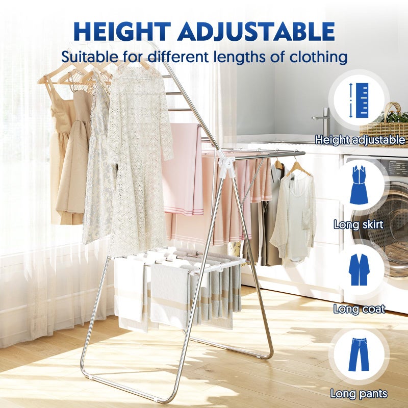 APEXCHASER Clothes Drying Rack, Stainless Steel Drying Rack Clothing with Height-Adjustable, Foldable Gullwings Laundry Drying Rack, Indoor Outdoor Use, No Assembly, White - Image 4