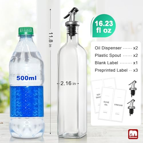 GMISUN Olive Oil Dispenser Bottle for Kitchen, 17oz / 500ml Cooking Oil and Vinegar Cruet Bottle Set with Oil Pourer Spout, Funnel and labels, 2 Pack - Image 2