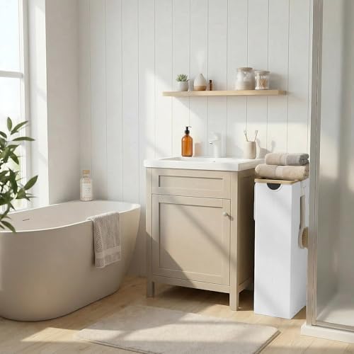 efluky Slim Laundry Basket with Lid Narrow Laundry Hamper with Removable Bag Skinny Dirty Clothes Basket with Bamboo Handles for Bathroom Bedroom Laundry Room 75L White - Image 3