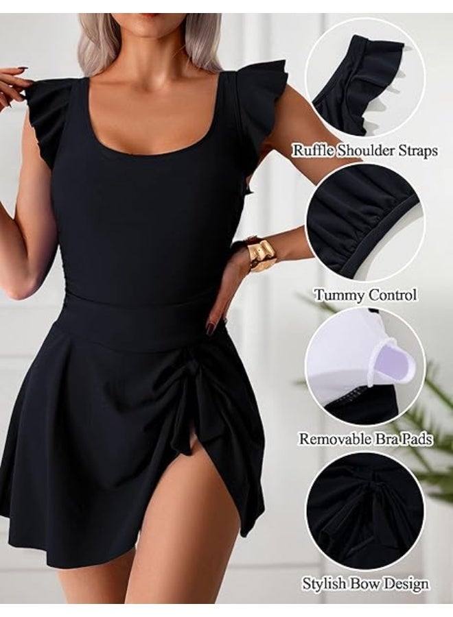 kunshao One Piece Swimsuits for Women Modest Tummy Control Swimdress Vintage Knotted Bathing Suits Skirt - Image 2