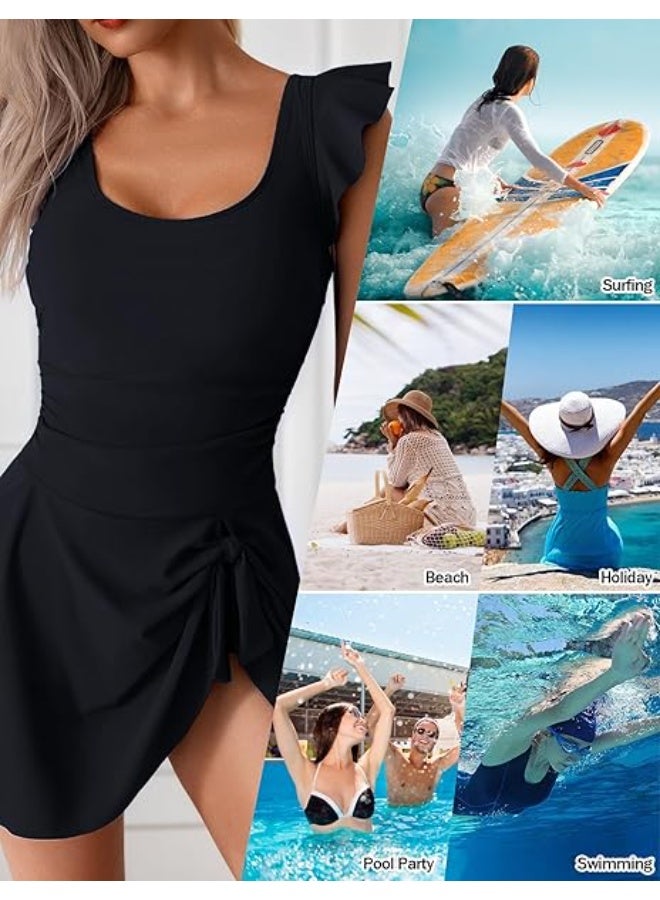 kunshao One Piece Swimsuits for Women Modest Tummy Control Swimdress Vintage Knotted Bathing Suits Skirt - Image 3