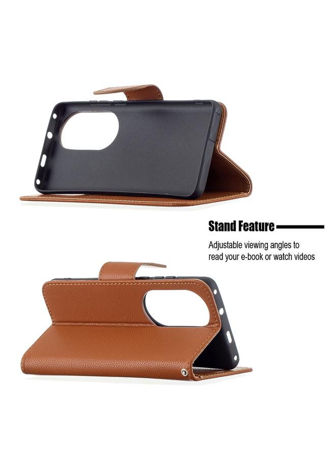 اس-توب جراب لهاتف Huawei P50 Pro من الجلد الطبيعي بتصميم أفقي قابل للطي مع حامل وفتحات للبطاقات ومحفظة وحبل تثبيت - Image 5