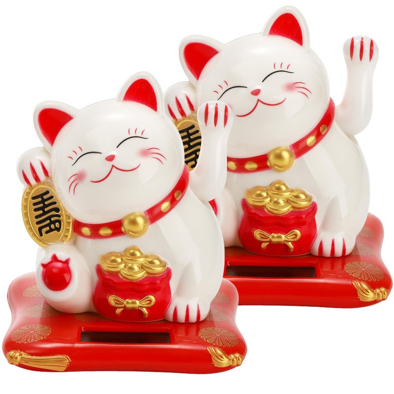 Youeon 2 Pcs Lucky Cat Waving Arm Small Solar Waving Cat Cute White Beckoning Cat Welcoming Cat Maneki Neko as Good Luck Decor for Home Office Car Stores Restaurants