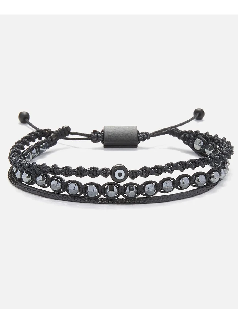 CHRYSOSTOMOS Handmade Adjustable Beaded Multi-Line Bracelet with Polygonal Hematite, Macrame Binding, Black Cord, DNA-Shaped Braid & Black Glass Evil Eye